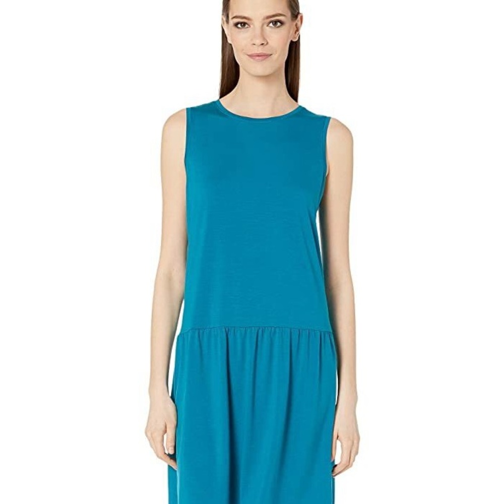 New Eileen Fisher Round Neck Mini Dress Tencel Stretch Jersey Jasper Teal SizeXL